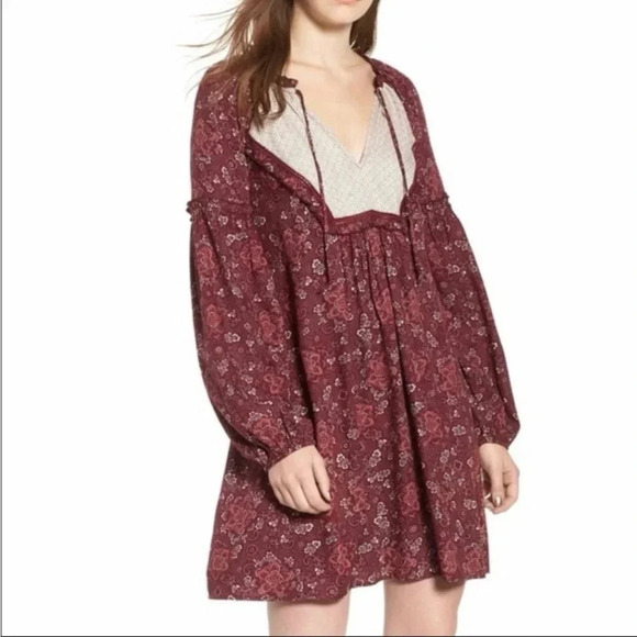 Nordstrom Hinge boho peasant long sleeved mini dress. Sz Small. Lace detail. - Picture 1 of 7